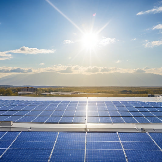 A picturesque rooftop with multiple solar panels in a staggered formation, with a few panels partially hidden by a slight roof overhang, set against a bright blue sky with a few wispy clouds.