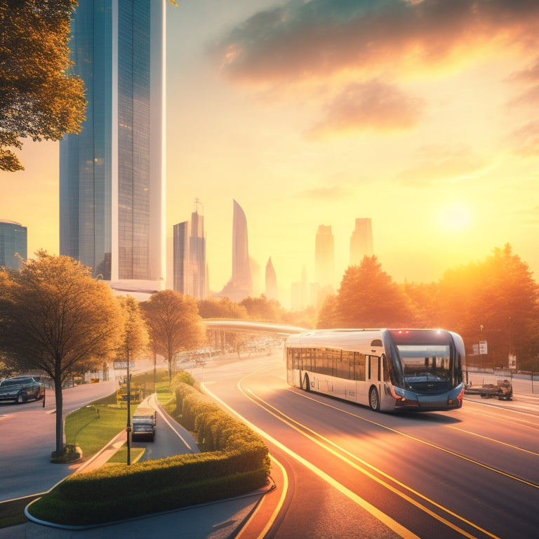 A futuristic cityscape at sunset with sleek, silver electric buses and bicycles zipping along dedicated lanes, surrounded by lush greenery and towering skyscrapers with wind turbines on rooftops.