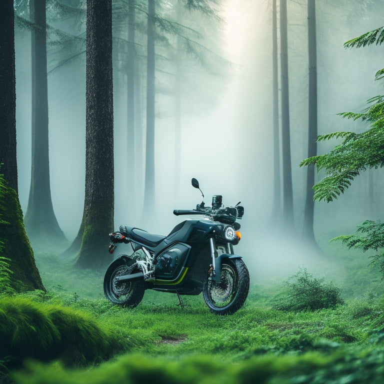 A serene forest landscape with a sleek, electric motorcycle in the foreground, surrounded by lush greenery and a faint mist, conveying a sense of eco-friendly adventure.