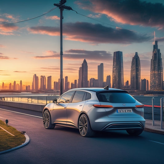 A futuristic, minimalist background with a sleek, silver electric vehicle parked in front of a cityscape at sunset, surrounded by scattered charging cables and adapters in various colors.