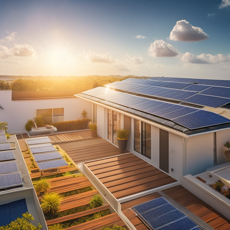 An illustration of a modern residential rooftop with multiple solar panels installed, surrounded by a bright blue sky with fluffy white clouds, and a subtle sun shining down.