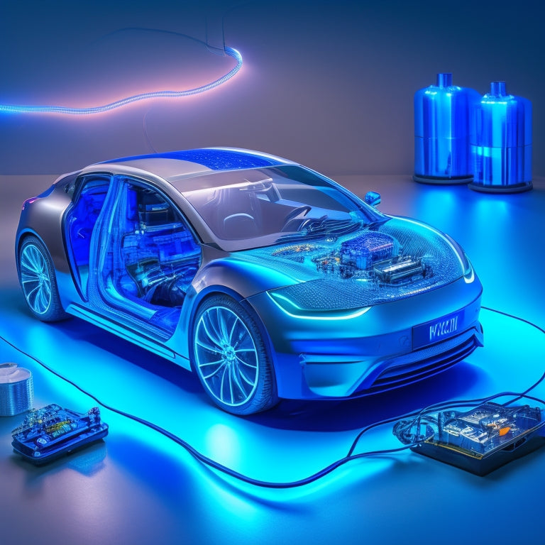 An illustration of a sleek, silver electric vehicle with glowing blue circuits and wires exposed beneath its hood, surrounded by scattered tools and upgrade components, set against a dark, gradient blue background.