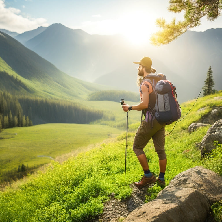 A backpacker hiking in a mountainous landscape, with a portable solar panel strapped to their pack, charging a power bank connected to a smartphone, amidst lush greenery and a sunny sky.