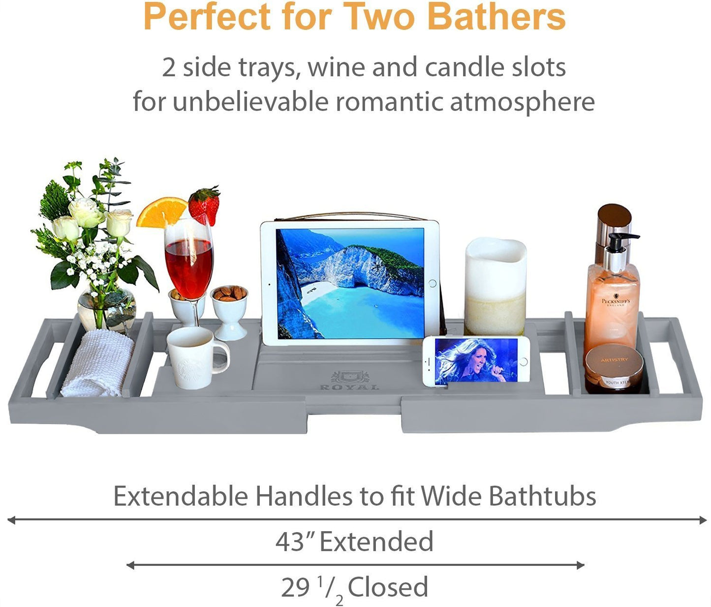 Kitchen royal craft wood luxury bamboo bathtub caddy tray with book and wine holder one or two person bath and bed tray with extending sides free soap dish gray
