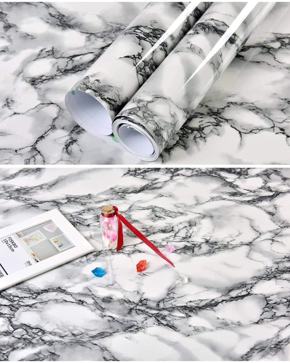 Best seller self adhesive black white marble gloss vinyl contact paper for kitchen countertop cabinets backsplash wall crafts projects 24 by 117 inches