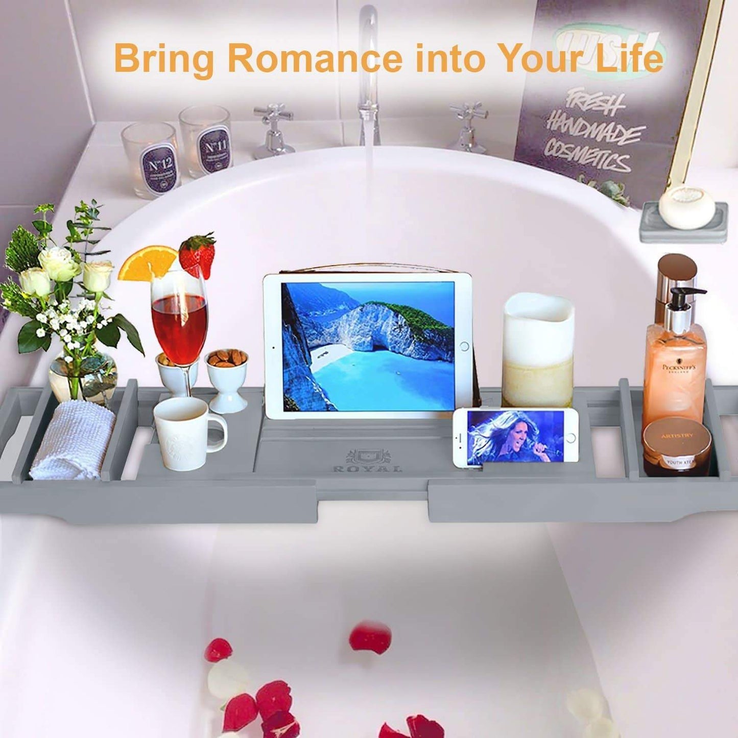 Home royal craft wood luxury bamboo bathtub caddy tray with book and wine holder one or two person bath and bed tray with extending sides free soap dish gray