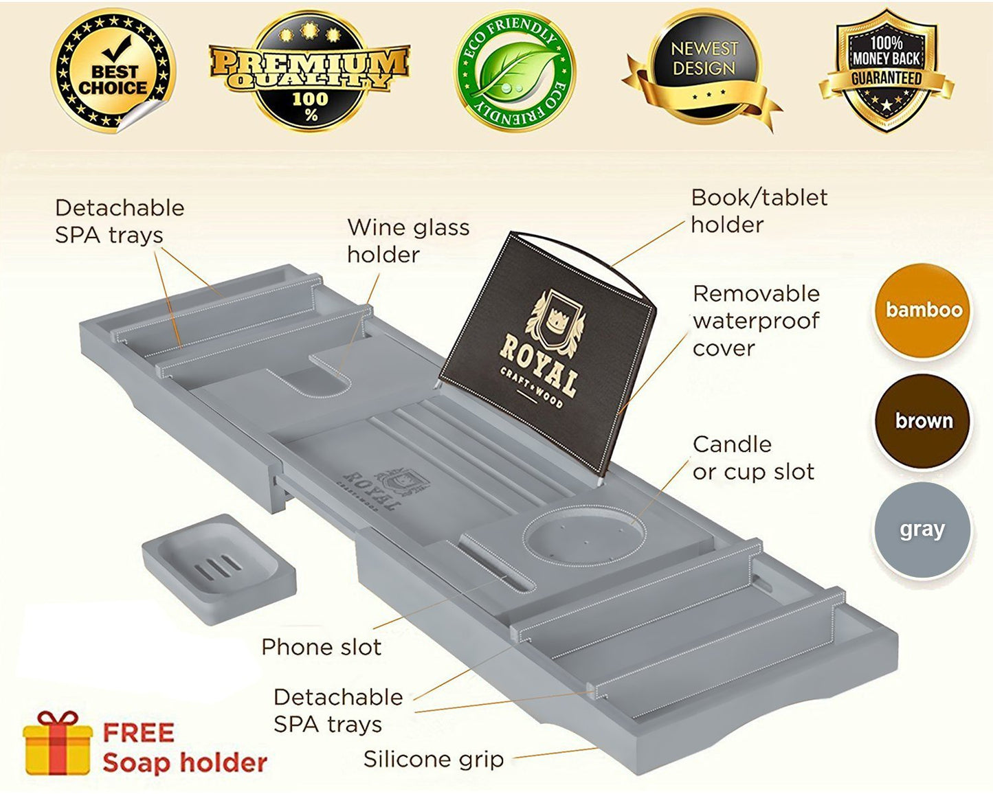 Latest royal craft wood luxury bamboo bathtub caddy tray with book and wine holder one or two person bath and bed tray with extending sides free soap dish gray