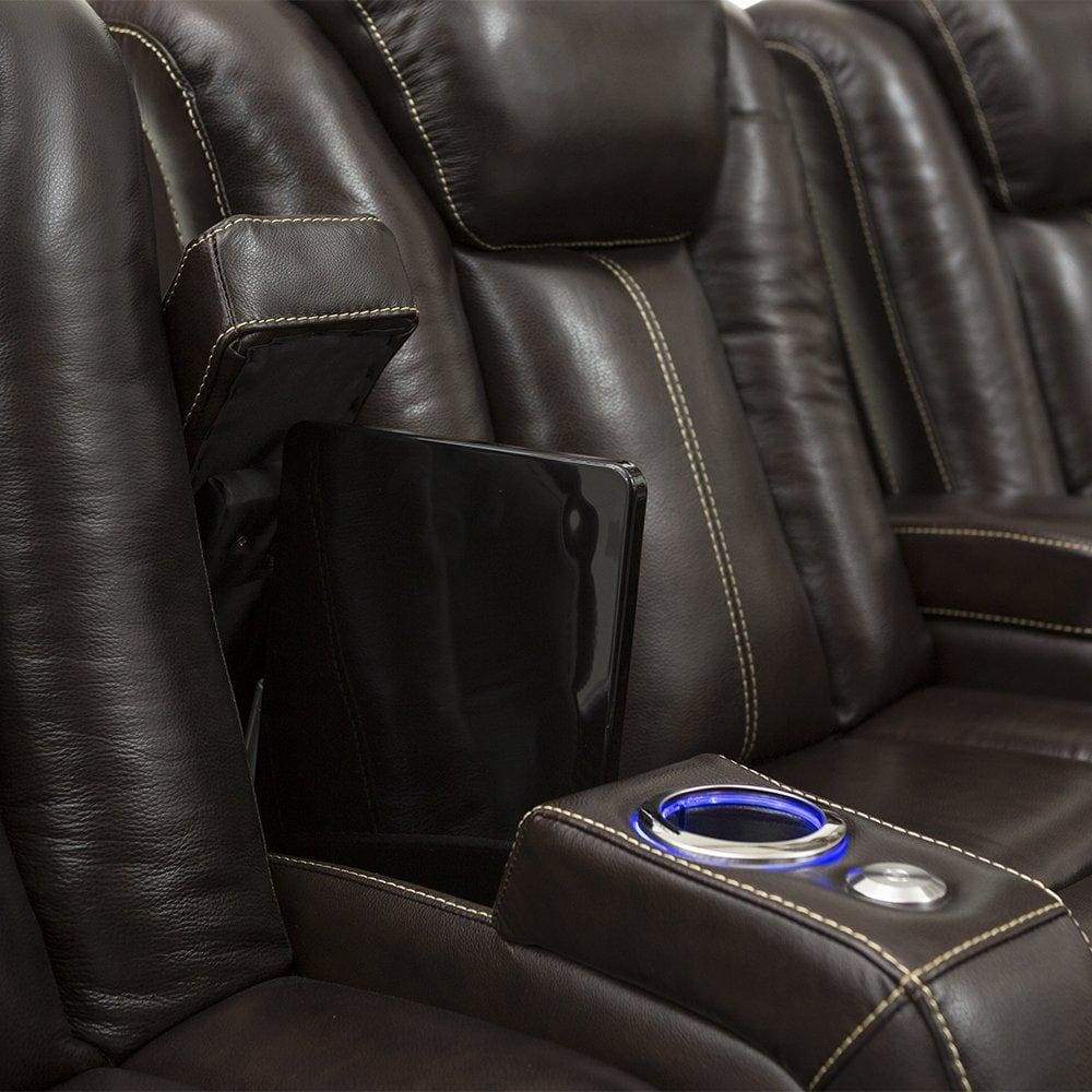 Budget seatcraft delta home theater seating leather power recline powered headrests and built in soundshaker row of 4 center loveseat brown