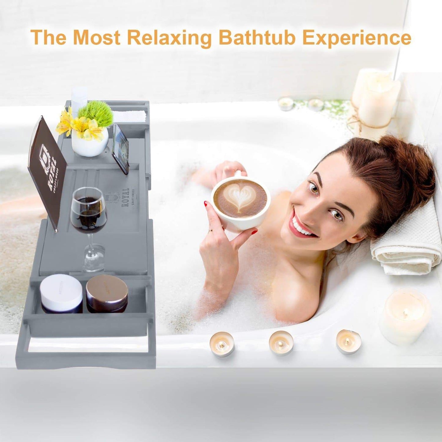 Heavy duty royal craft wood luxury bamboo bathtub caddy tray with book and wine holder one or two person bath and bed tray with extending sides free soap dish gray
