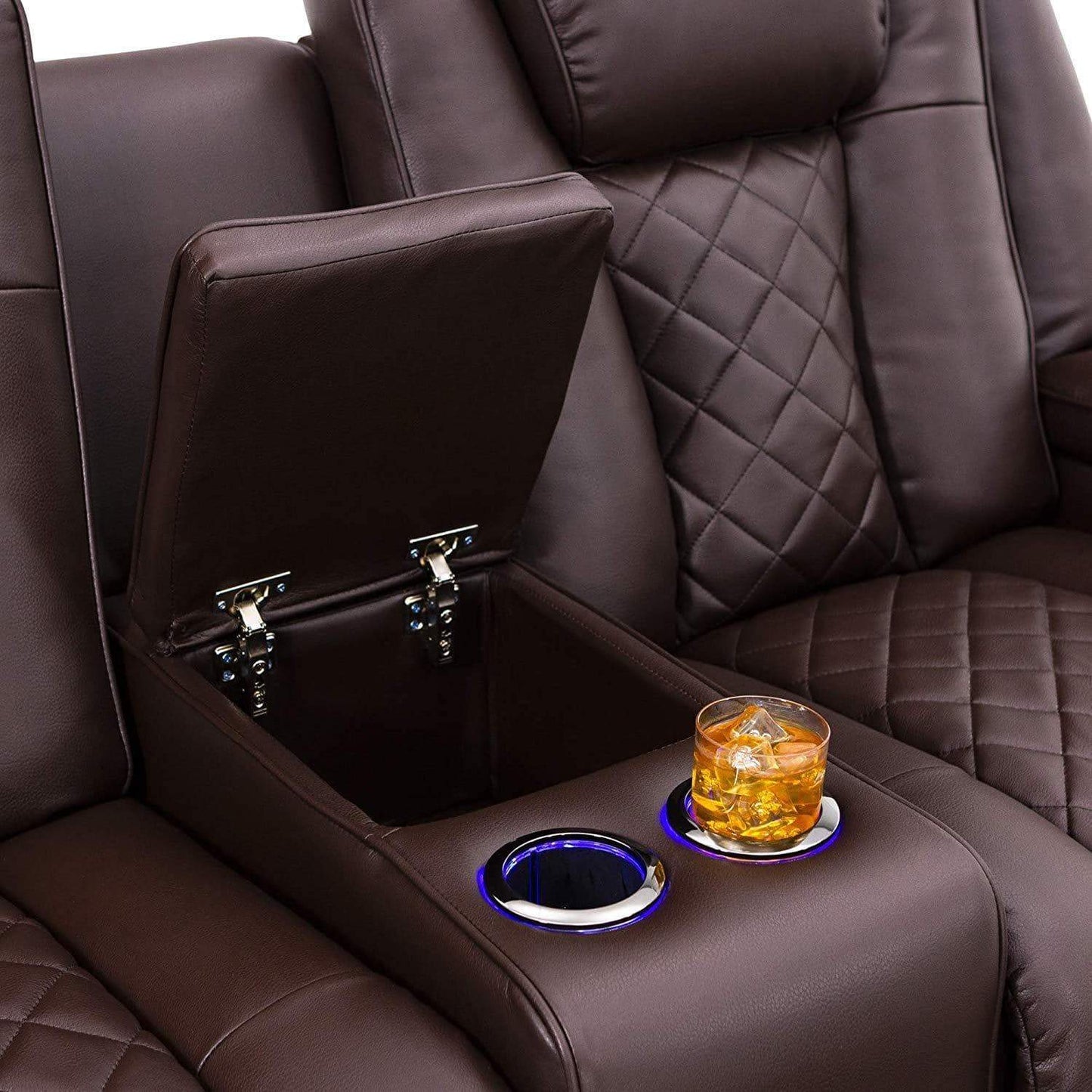 Storage organizer seatcraft europa home theater seating power recline leather gel sofa adjustable powered headrests cup holders power charging station hidden in arm storage sofa brown