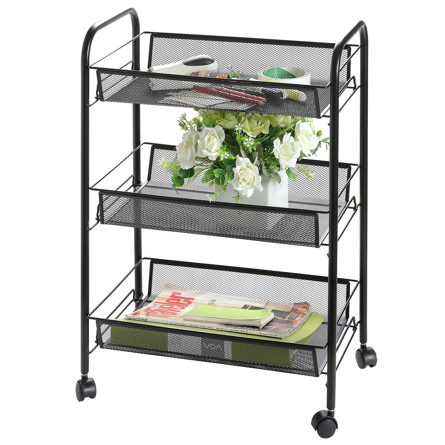 3 Tier Black Rolling Mesh Metal Storage Cart, Office Supplies and Craft Organizer Rack, 25.5 X 17.5 Inch (SHOMHNK004)