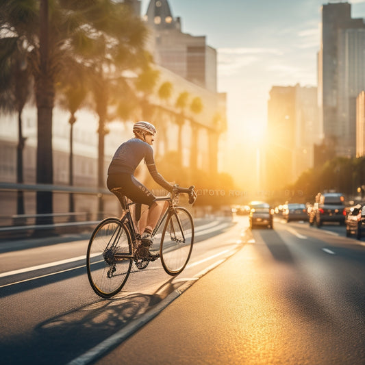 A serene, solo cyclist pedaling on a dedicated bike lane, surrounded by blurred cityscape, with a subtle sunburst effect in the background, conveying freedom and harmony.