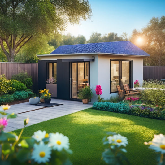 A serene, sunny backyard with a small, modern house featuring a sleek, black solar panel system on the roof, surrounded by lush greenery and a few blooming flowers.