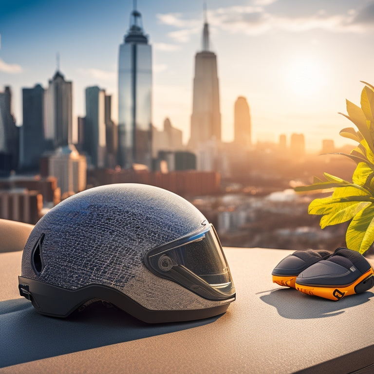 A helmet, knee pads, elbow pads, and gloves arranged in a circular pattern around an electric scooter, with a subtle cityscape background and a bright, sunny atmosphere.