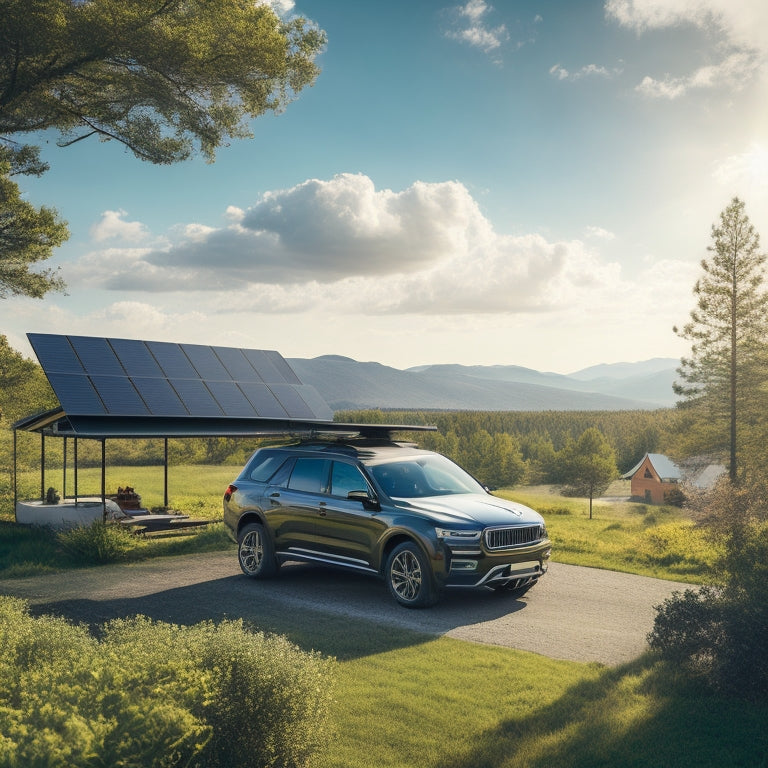 A serene landscape with a parked SUV or truck, its roof and hood covered in sleek, black solar panels, surrounded by lush greenery and a bright, sunny sky with a few wispy clouds.