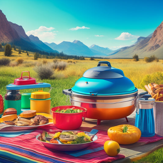 A colorful illustration featuring a portable solar cooker in a scenic outdoor setting, surrounded by vibrant camping gear and utensils, with a few sizzling vegetables and a juicy burger on the cooker's surface.