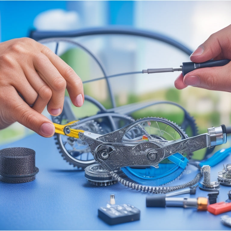 A close-up of a hands assembling an e-bike conversion kit, with tools and wires scattered around, against a clean white background, with a blurred-out cityscape in the distance.