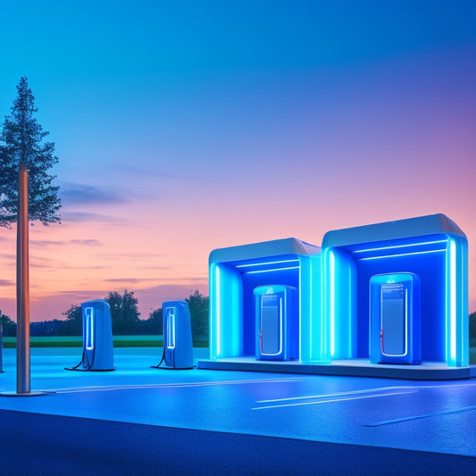 A futuristic, minimalist background with three sleek, modern electric vehicle (EV) battery charging stations, each with varying designs and colors, arranged in a triangular formation, surrounded by subtle, glowing blue lines.