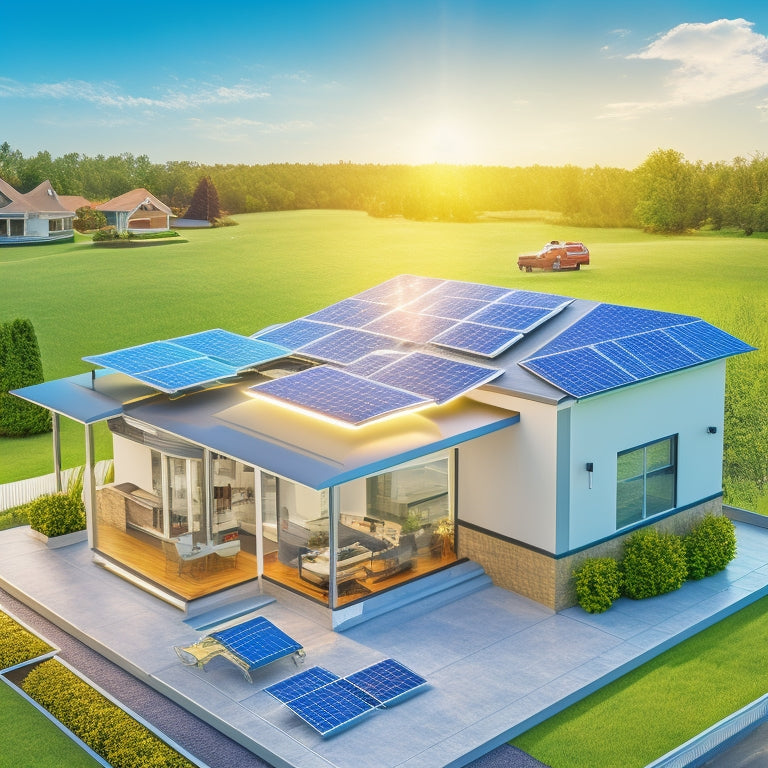 A stylized illustration featuring a modern suburban home with solar panels on its rooftop, surrounded by icons of laptops, tablets, and smartphones, connected by subtle lines and pulses, symbolizing online sources.