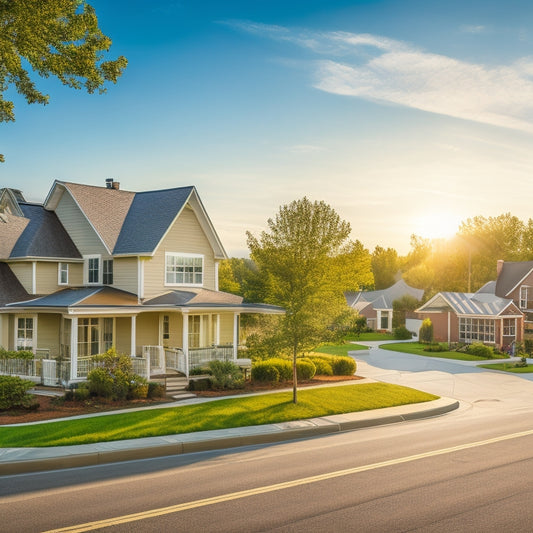 A serene, sun-kissed suburban street with five distinct houses, each featuring a unique solar panel design, with varying panel sizes, angles, and roof styles, amidst a bright blue sky with fluffy white clouds.