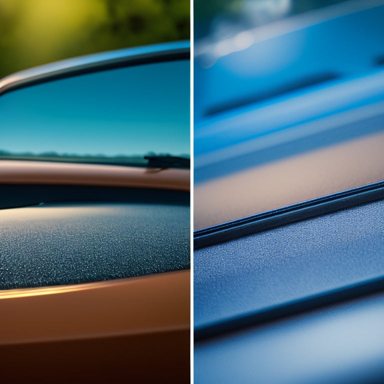 A close-up image of a dirty car solar panel with visible grime and dust, next to a sparkling clean panel with a subtle shine, both on a sleek, black car roof.