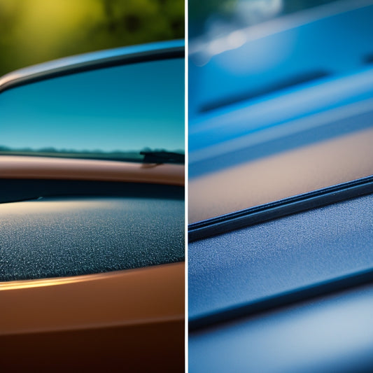 A close-up image of a dirty car solar panel with visible grime and dust, next to a sparkling clean panel with a subtle shine, both on a sleek, black car roof.