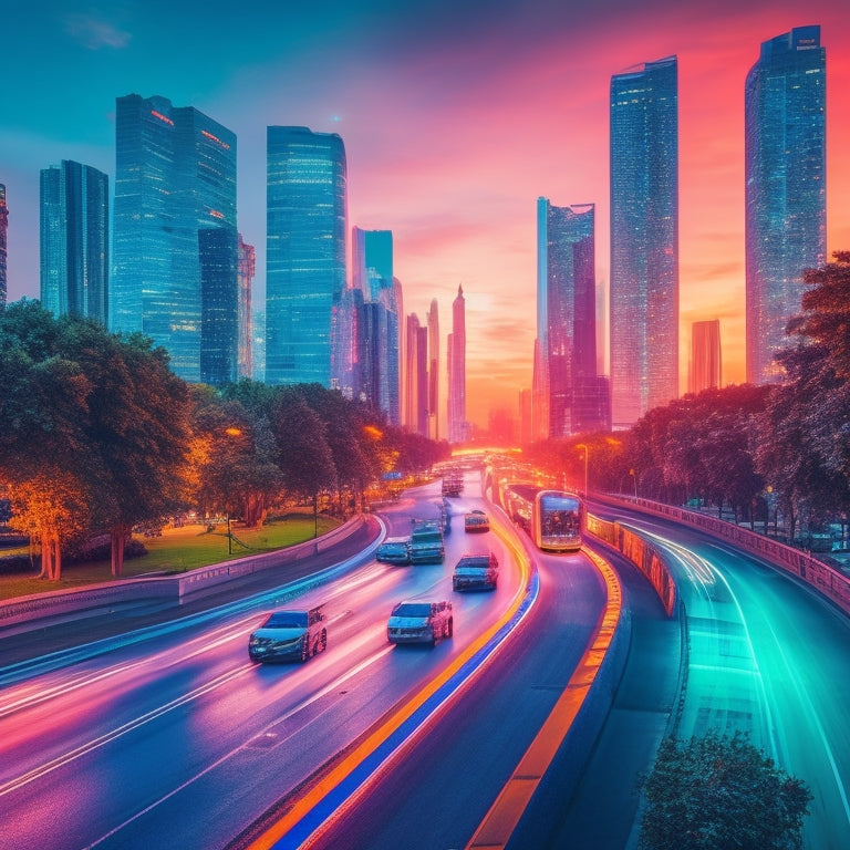 A futuristic cityscape at dusk, with sleek, neon-lit skyscrapers and greenery-filled streets, featuring a fleet of electric vehicles in various colors, humming silently along the roads.