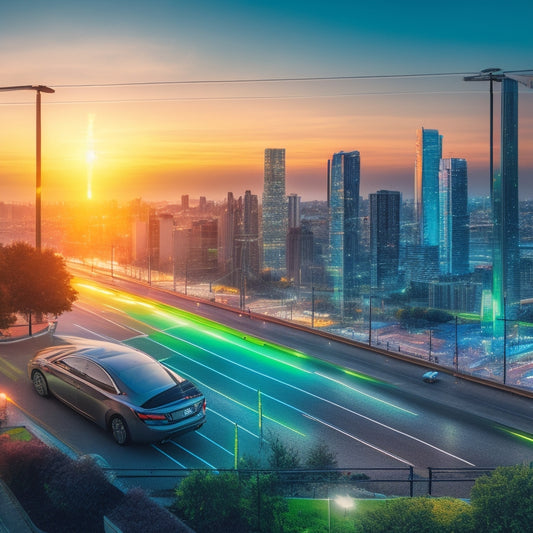 An illustration of a cityscape at sunset, with electric vehicles plugged into charging stations, emitting bright green lines of energy that flow into the grid, amidst a backdrop of rising graphs and charts.