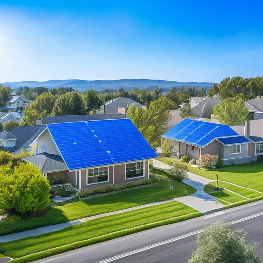 A serene suburban neighborhood with multiple houses, each featuring a unique rooftop solar panel installation, varying in size and configuration, set against a bright blue sky with a few puffy white clouds.