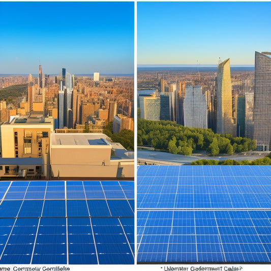 A split-screen image with a cityscape in the background, featuring a rooftop with various solar panels of different efficiencies (e.g., 15%, 20%, 25%) on the left, and a comparison chart with percentage labels on the right.