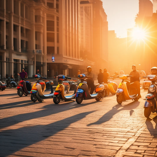 A bustling city street with 10 different electric scooters, each with unique design and color, parked in a row, with blurred cityscape in the background and morning sunlight casting a warm glow.