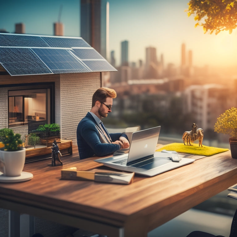 A bright and modern illustration of a person sitting at a desk in front of a laptop, surrounded by solar panels and a miniature house model, with a subtle cityscape background.