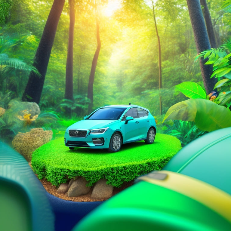 An illustration of a sleek, eco-friendly car with a dash cam and phone mount made from recycled materials, surrounded by lush greenery and a subtle recycling symbol pattern in the background.