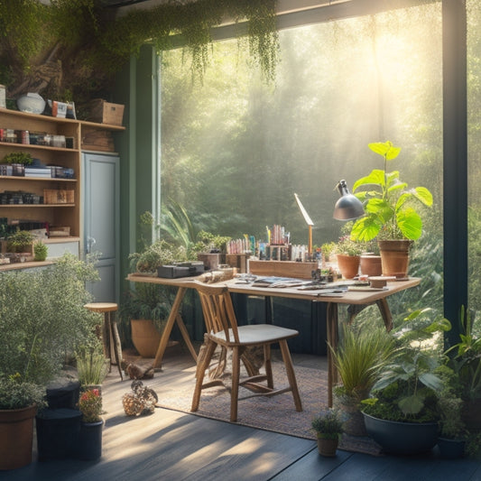 A whimsical, well-organized art studio with a sleek, solar-powered charging station amidst scattered art supplies, surrounded by lush greenery and natural light.