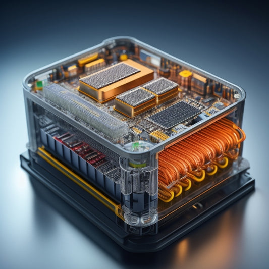 An intricate illustration of an electric vehicle battery's internal structure, showcasing layered lithium-ion cells, thermal management systems, and robust protective casings, surrounded by subtle circuitry patterns and faint hints of electric currents.