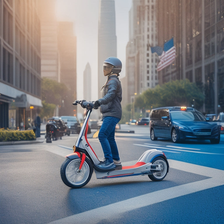 A stylized illustration of a helmet-wearing person riding an electric scooter on a city street, surrounded by subtle hints of traffic signs, pavement markings, and a faint American flag pattern in the background.