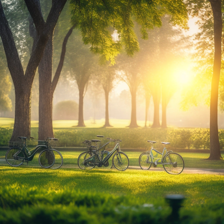 A serene cityscape with a few e-bikes parked in front of a lush green park, amidst a bustling urban background with a subtle sunbeam casting a warm glow, symbolizing eco-friendliness.