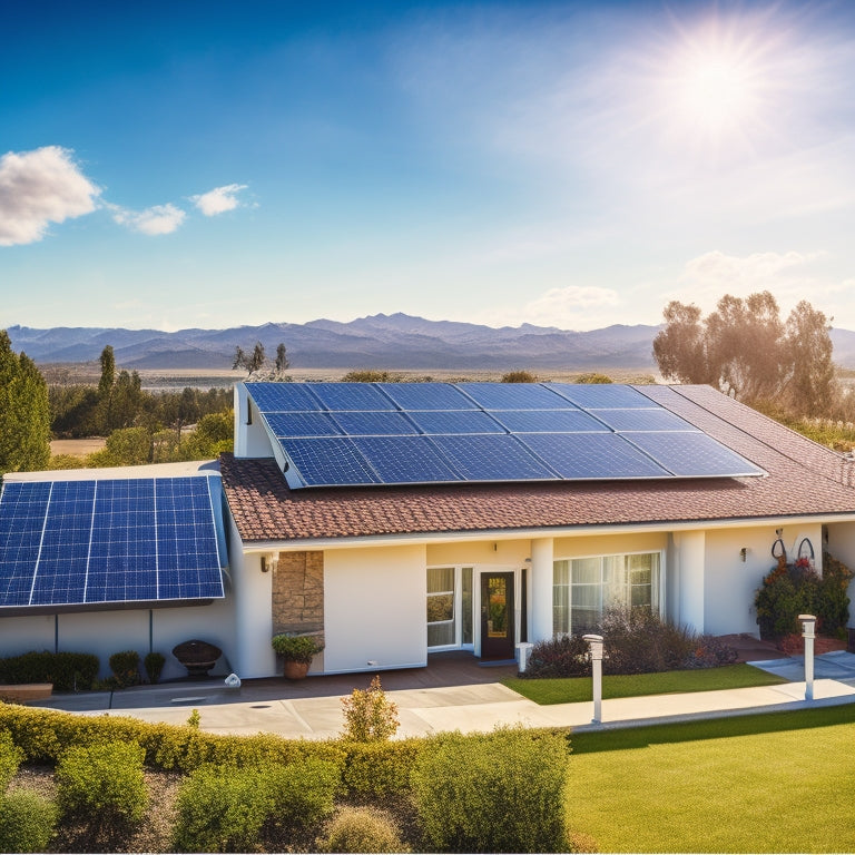 A serene California landscape with a modern residential home, solar panels installed on its rooftop, under a bright blue sky with a few white, puffy clouds.