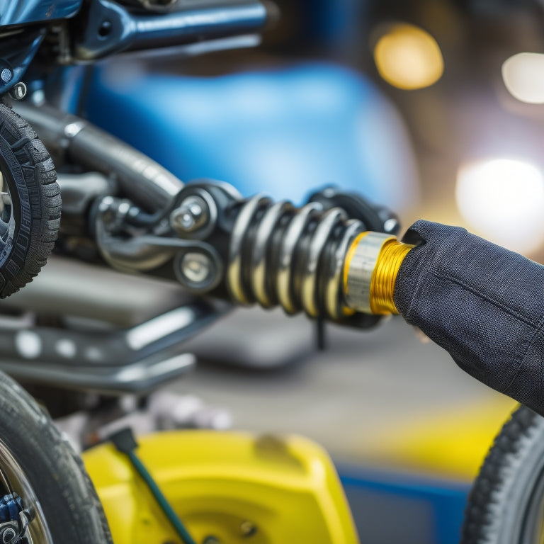 A close-up of a motorcycle's rear shock absorber, with a mechanic's hand adjusting the preload, surrounded by wrenches, gauges, and a workshop background with a subtle checkered flag pattern.