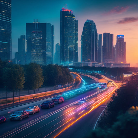 A futuristic cityscape at dusk, with sleek, neon-lit skyscrapers and greenery-filled streets, featuring a fleet of electric vehicles in various colors, humming silently along the roads.