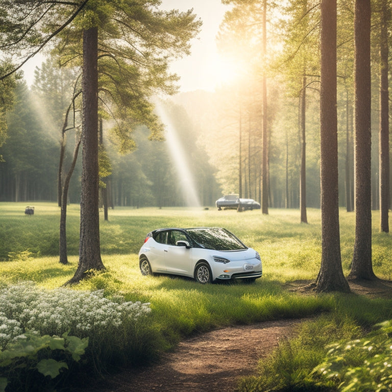 A serene landscape featuring a white electric vehicle parked in front of a lush green forest, with a few solar panels and a recycling symbol subtly integrated into the scenery.