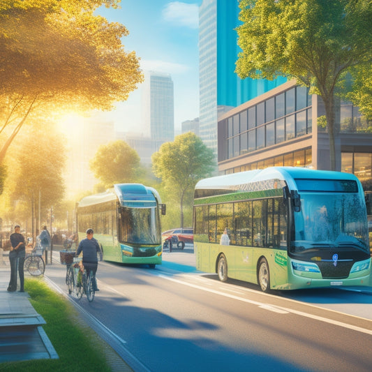 An illustration of a bustling cityscape with a variety of eco-friendly vehicles, including sleek electric bicycles, a hydrogen fuel cell bus, and a pedestrian-friendly streetscape with lush greenery.