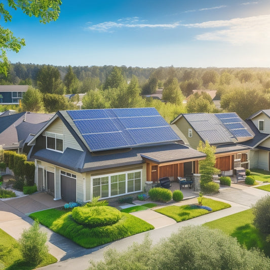 A serene, sun-kissed suburban neighborhood with various modern homes, each featuring sleek, black solar panels on their rooftops, surrounded by lush greenery and a clear blue sky.