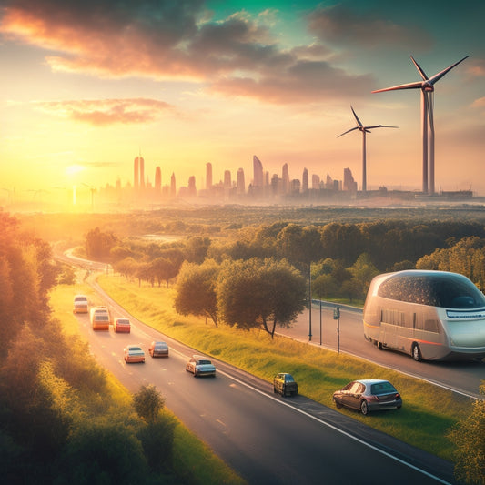 A futuristic cityscape at sunset with various eco-friendly vehicles, including electric cars, hybrid buses, and bicycles, parked or moving along a winding road surrounded by lush greenery and wind turbines.