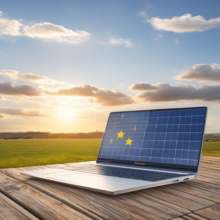 An illustration of a laptop displaying a website with a grid of solar panels, surrounded by various marketplace logos, with a subtle background of a sunny sky and a few fluffy white clouds.