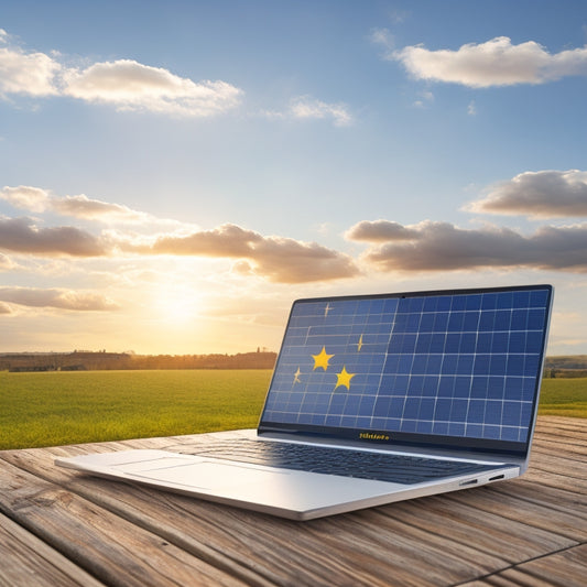 An illustration of a laptop displaying a website with a grid of solar panels, surrounded by various marketplace logos, with a subtle background of a sunny sky and a few fluffy white clouds.