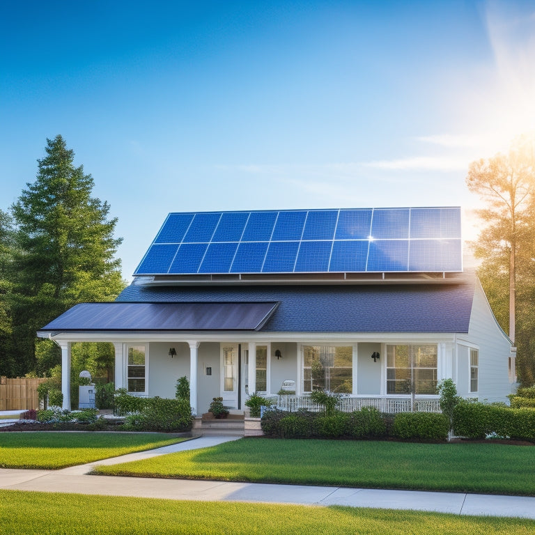 A serene suburban house with a bright blue sky and a few puffy white clouds, with a prominent solar panel installation on the roof, surrounded by lush greenery and a few solar-powered outdoor lights.