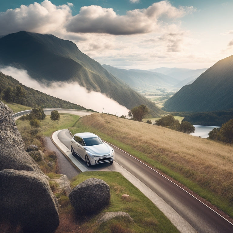 A stylized illustration of a sleek, silver electric vehicle driving on a winding road surrounded by lush green hills and fluffy white clouds, with a subtle battery icon in the corner.