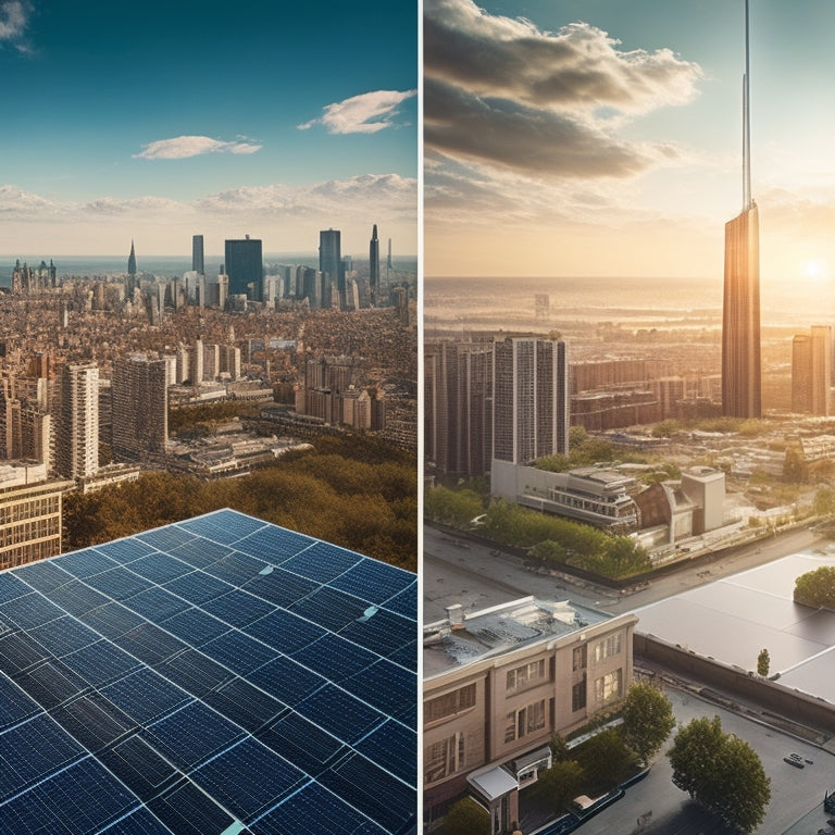 A split-screen illustration featuring a cityscape with rooftops covered in solar panels of varying efficiencies, with bright sunlight and a subtle grid pattern in the background.