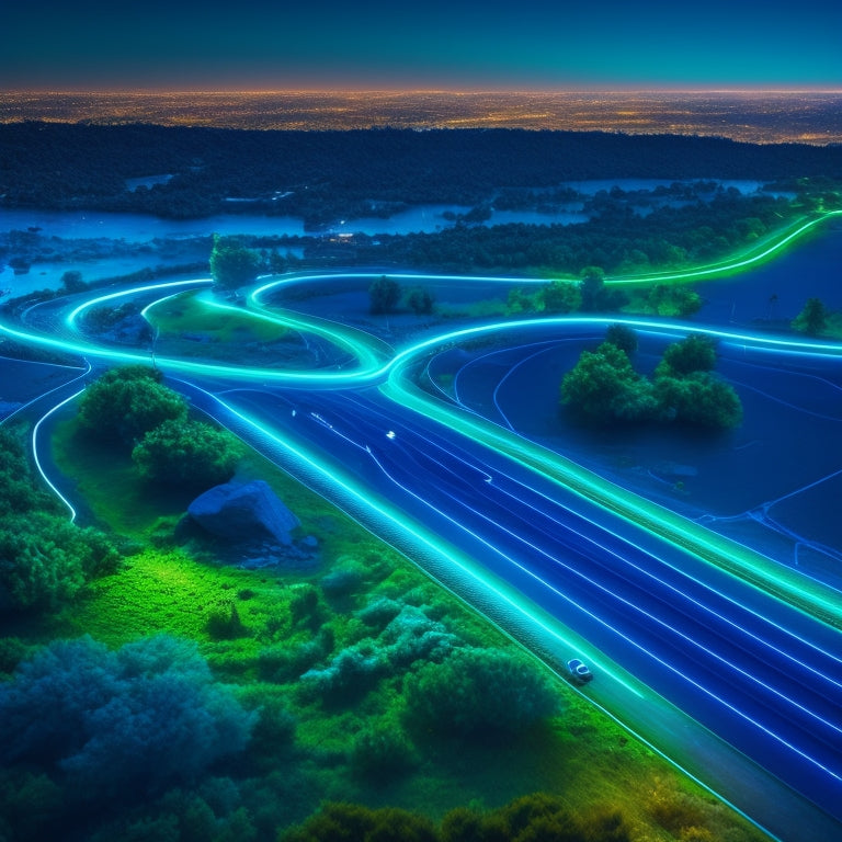 A stylized map with a dark blue background, illuminated by a network of bright green lines and dots, representing EV charging points, connected by glowing roads and highways.